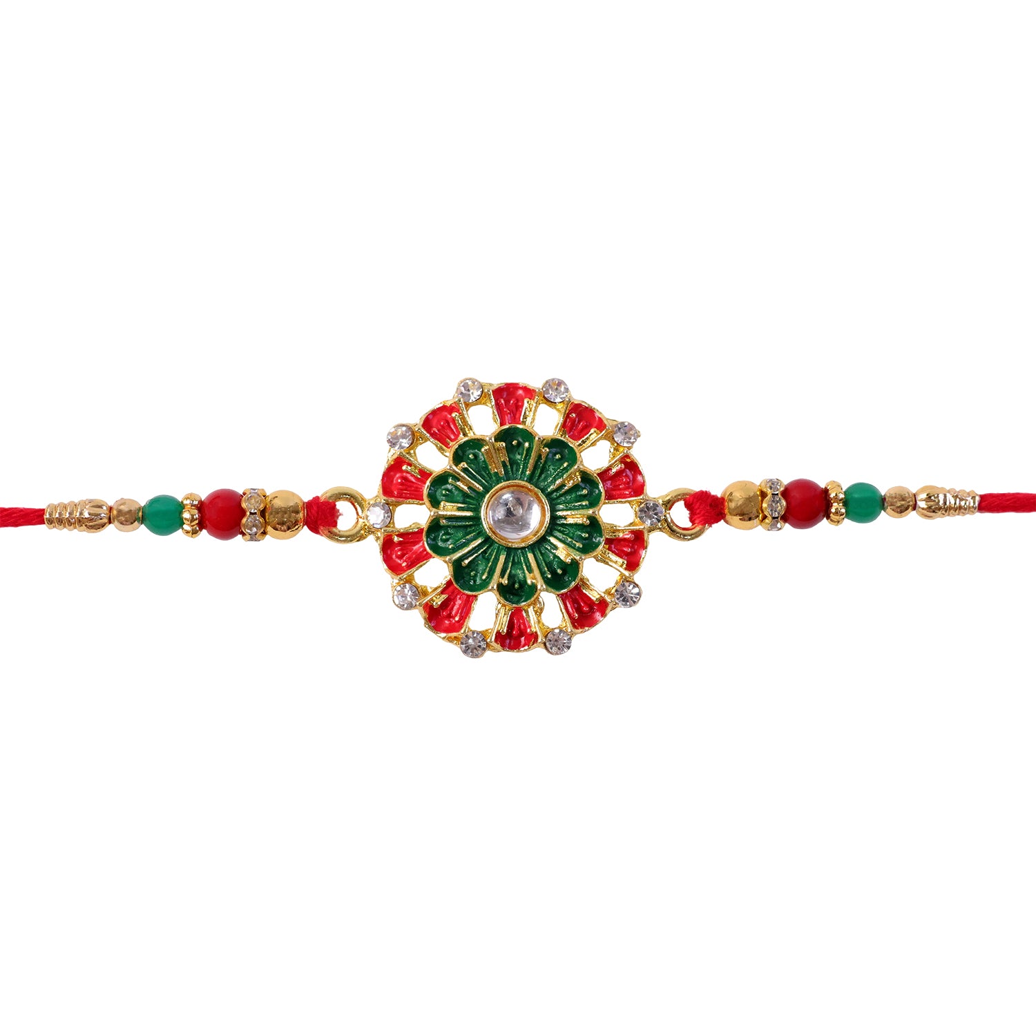 Rakhi tied on a wrist, showcasing the festive design for Raksha Bandhan.