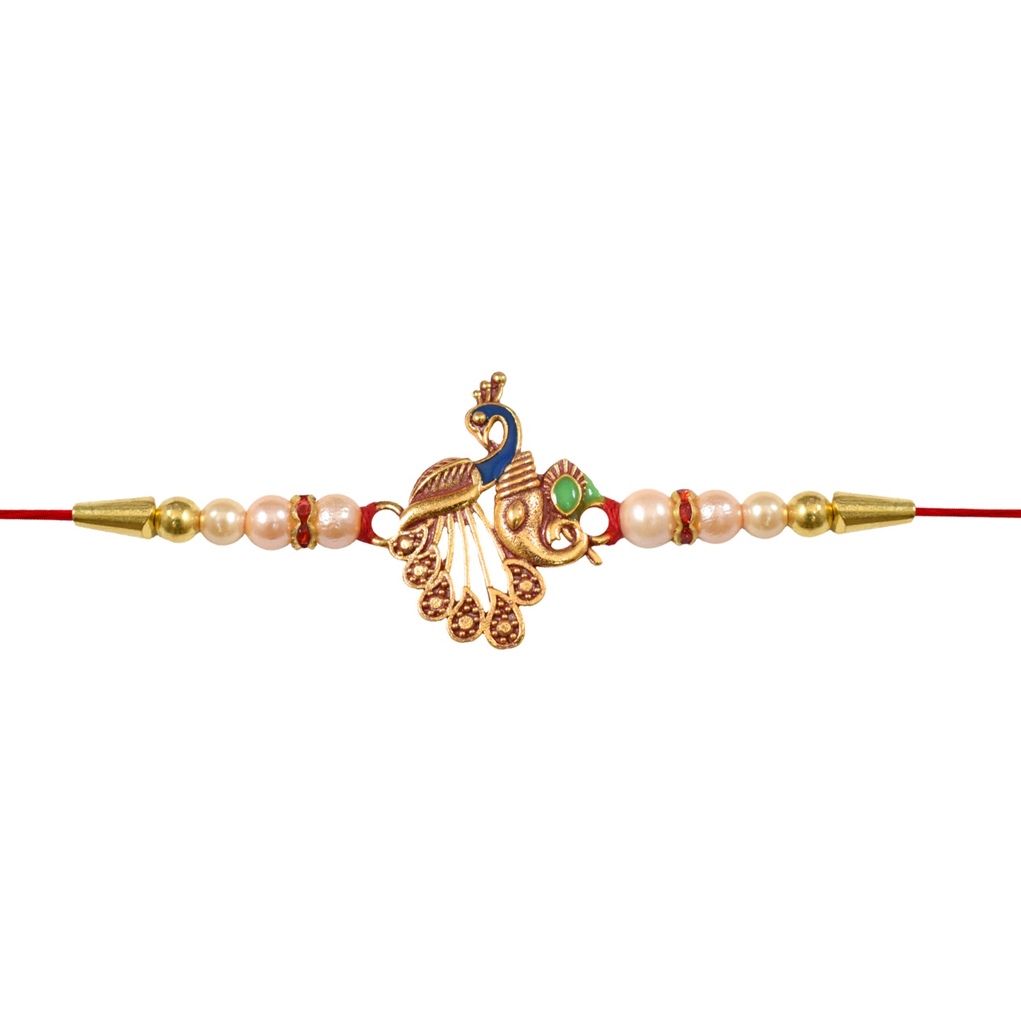 Peacock Design Rakhi – Elegant Pearl Beads & Golden Detailing