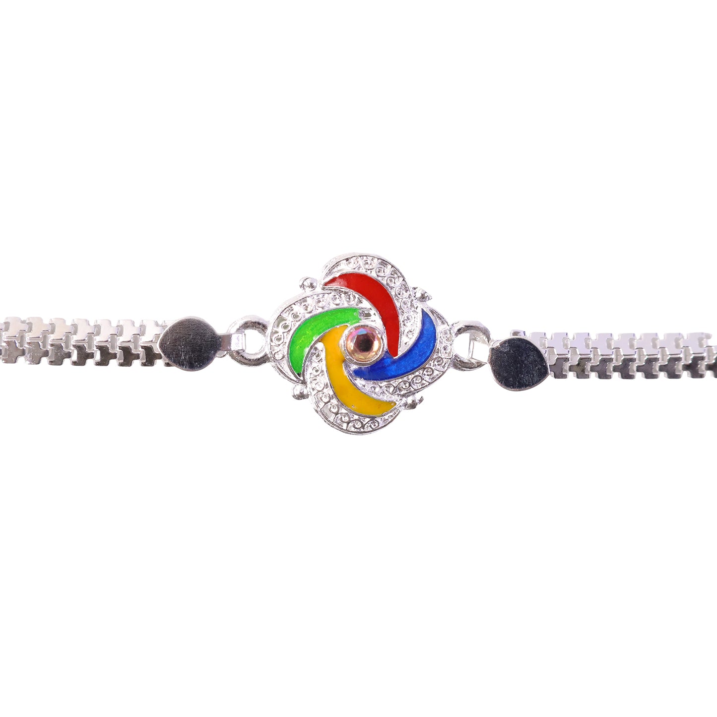 Side view of the Silver Rakhi showcasing its unique feather and chain elements.