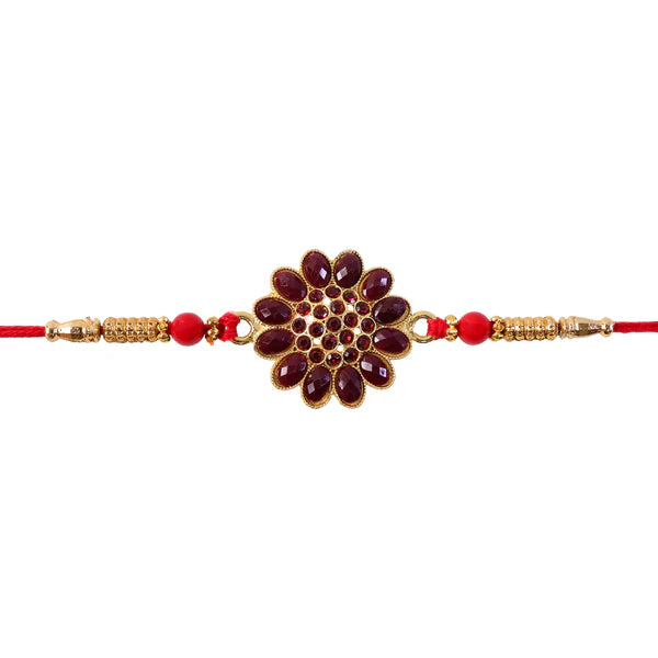 Red Floral Stone Rakhi with Bead Accents for Raksha Bandhan