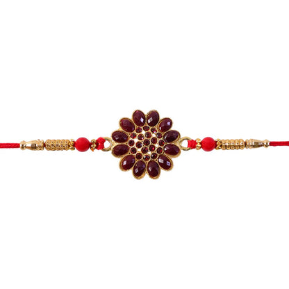 Red Floral Stone Rakhi with Bead Accents for Raksha Bandhan