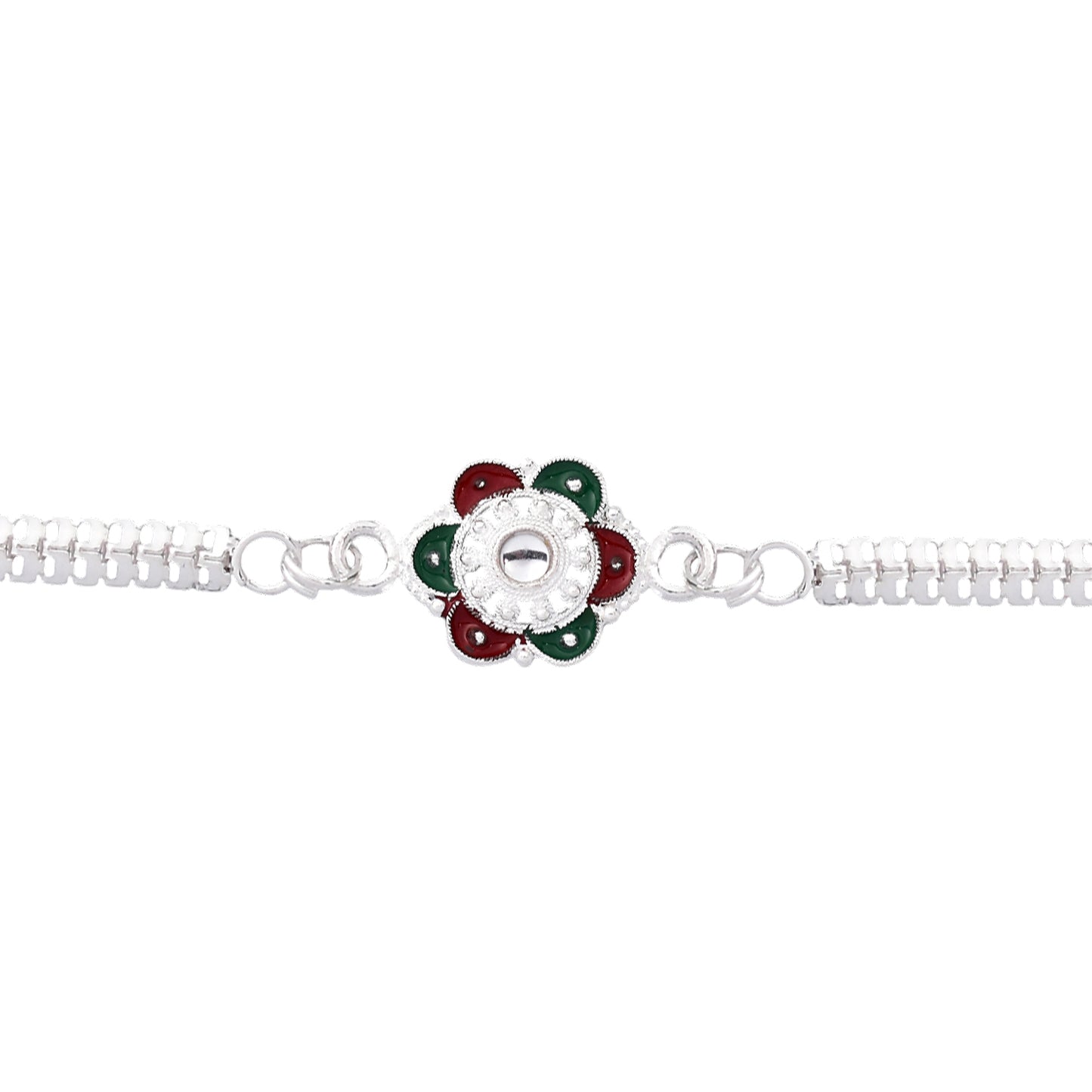Flower Rakhi – Silver Finish with Mirror Stone for Brothers