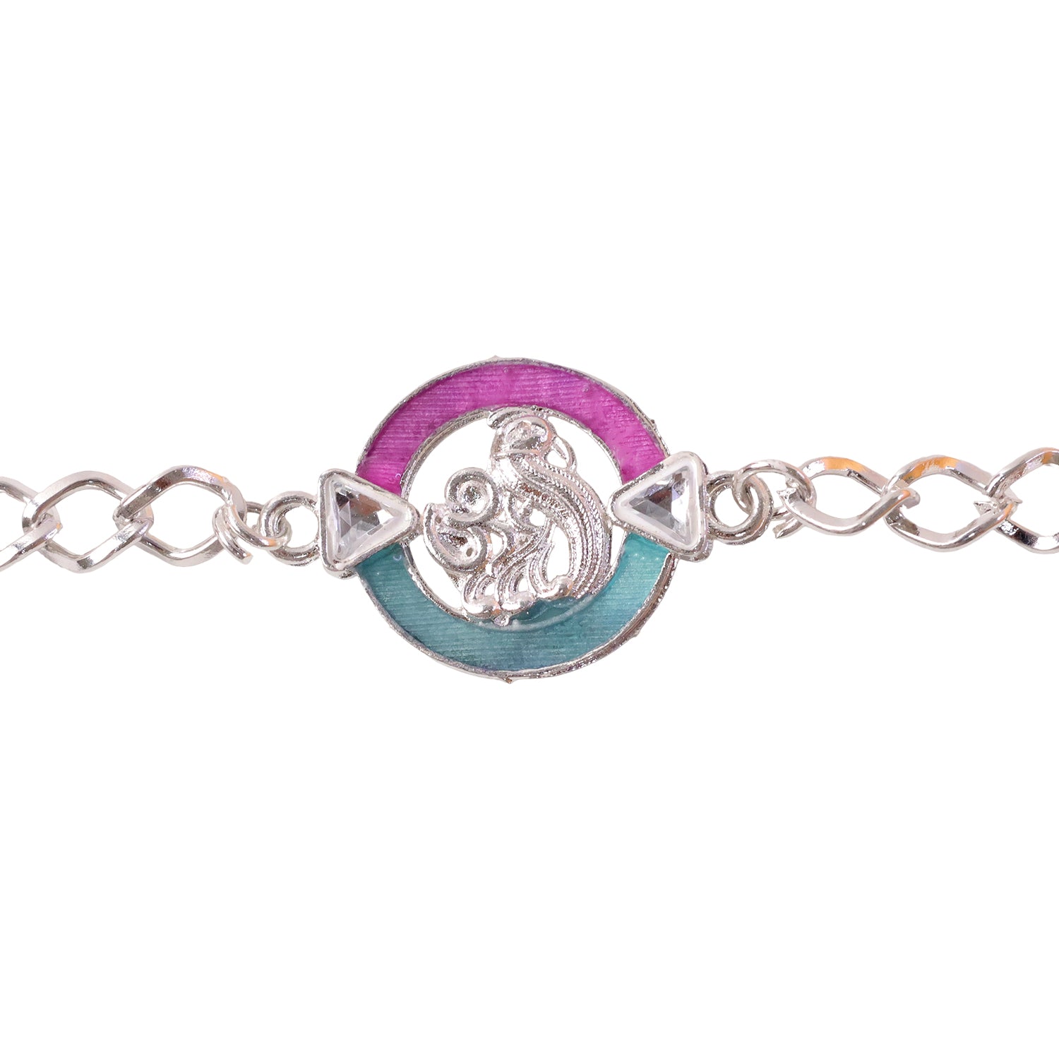 Designer Rakhi Round Om Peacock Motif Crystal Chain