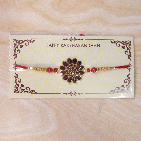 Red Floral Stone Rakhi with Bead Accents for Raksha Bandhan