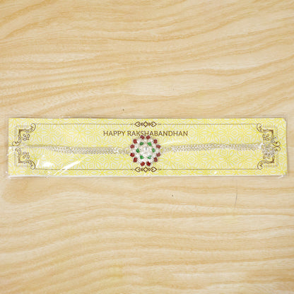 Collection of Designer Floral Rakhis featuring silver-toned and stone designs for festive gifting.