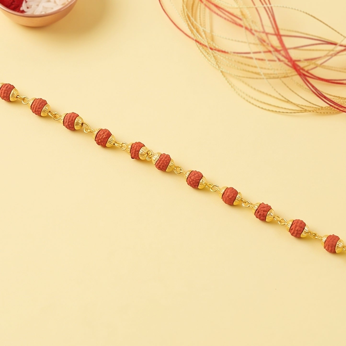 Rudraksha Bead Bracelet Rakhi, Gold-Plated Cap Beads Rakhi for Brother (1 Pc)