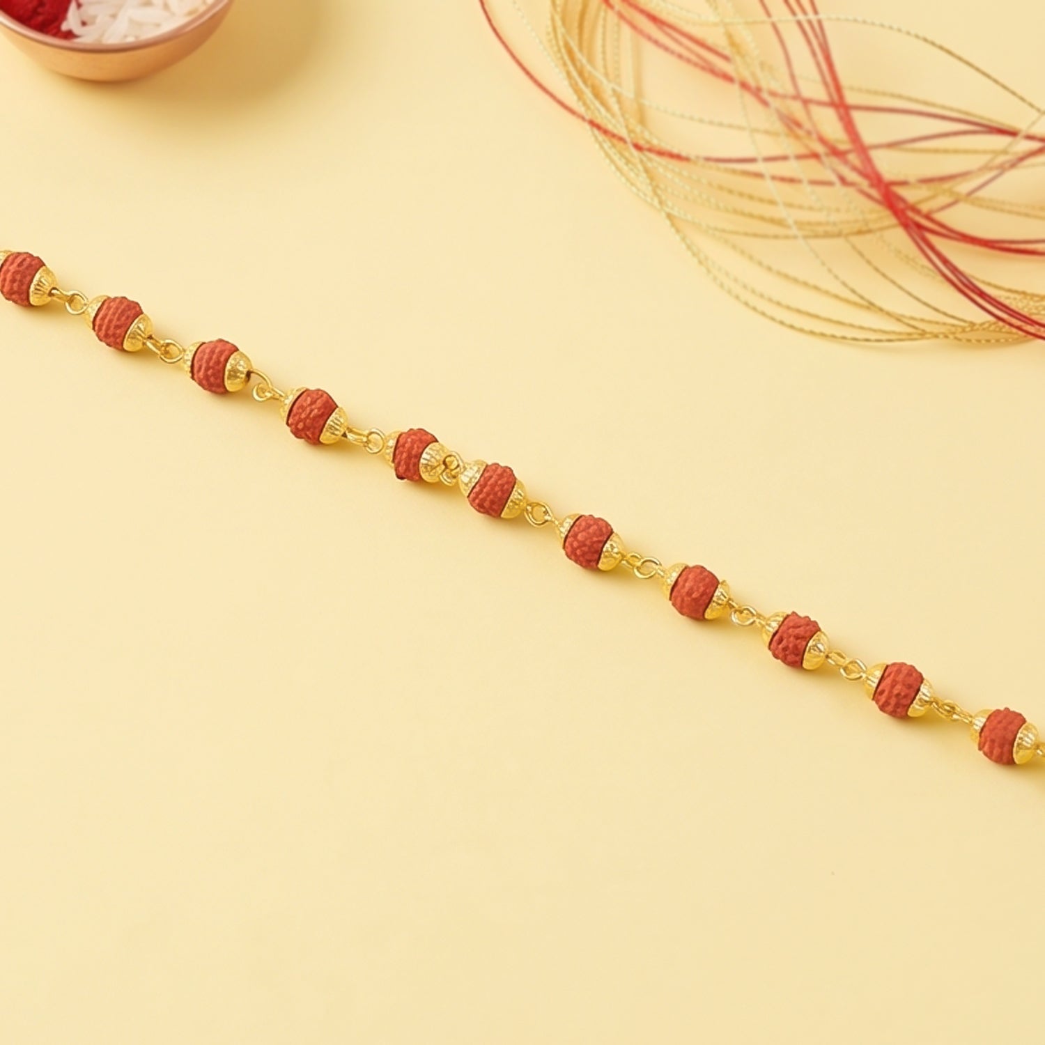 Rudraksha Bead Bracelet Rakhi, Gold-Plated Cap Beads Rakhi for Brother (1 Pc)