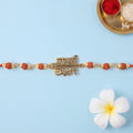 Jai Shree Ram Rudraksha Rakhi – Golden Arrow Pendant for Brothers