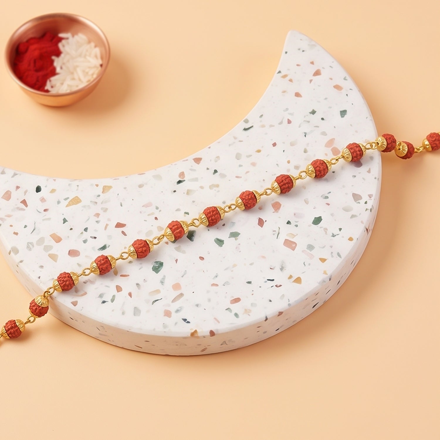 Rudraksha Bead Bracelet Rakhi, Gold-Plated Cap Beads Rakhi for Brother (1 Pc)