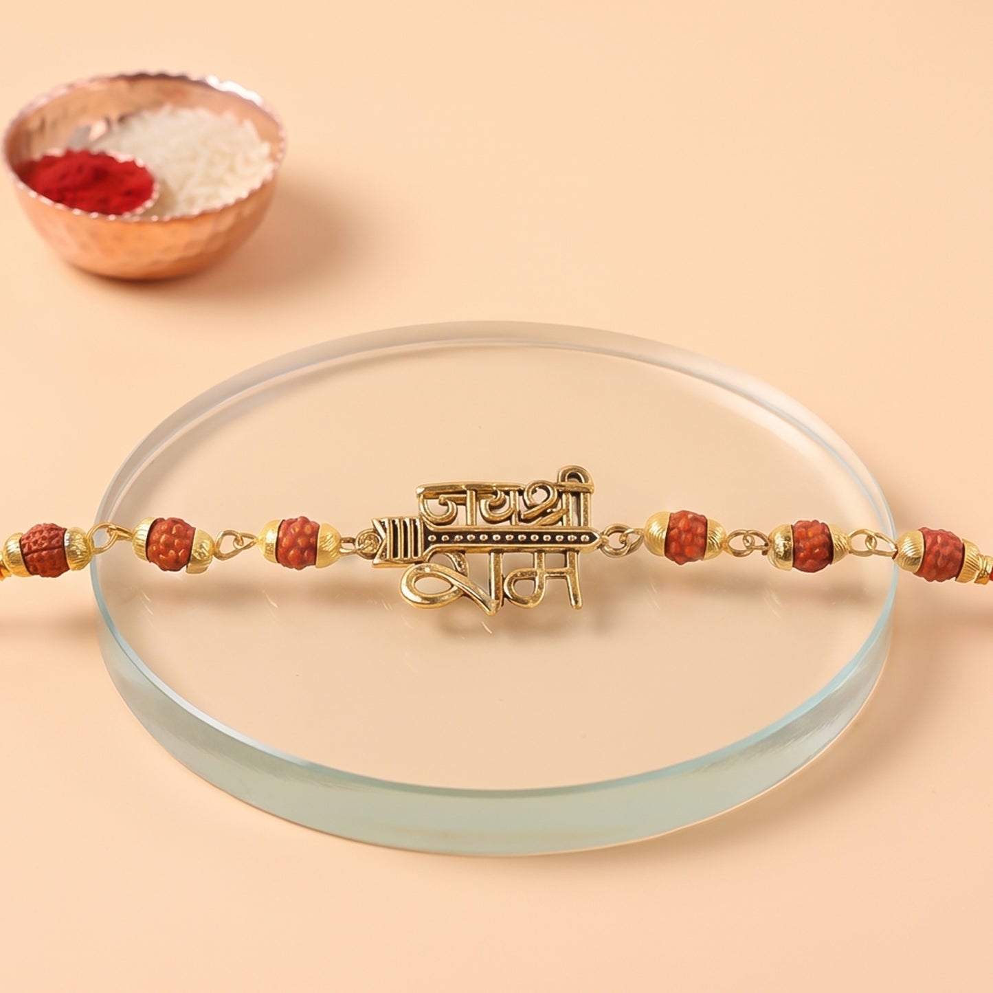 Jai Shree Ram Rudraksha Rakhi, Golden Arrow Pendant Beaded Rakhi for Brother (1 Pc)
