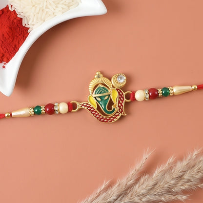 Top view of a Ganesha Rakhi showcasing its detailed craftsmanship.