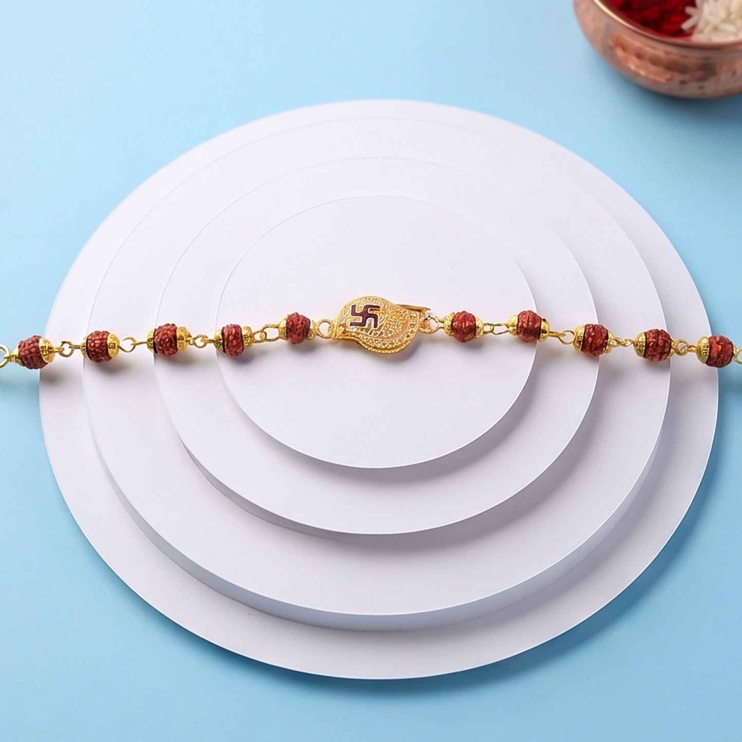 Swastik Rudraksha Bracelet Rakhi, CZ Pendant Beaded Rakhi for Brother (1 Pc)