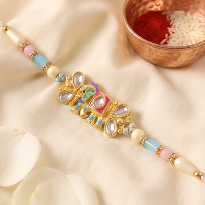 Kundan Elephant Pendant Rakhi with Pastel Beads