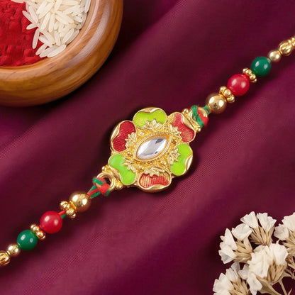 Green and Red Floral Kundan Mirror Pendant Rakhi with Multicolor Beads