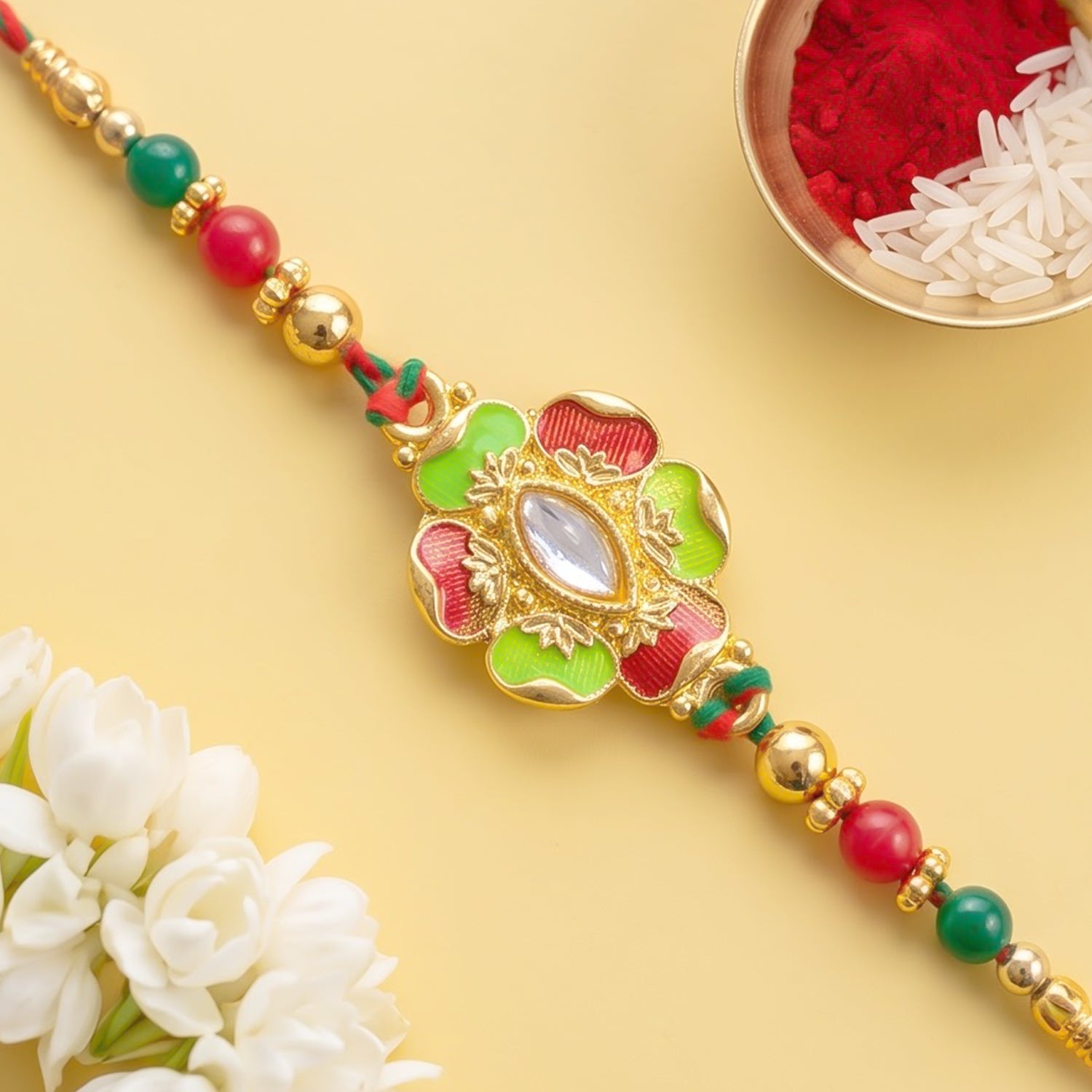 Green and Red Floral Kundan Mirror Pendant Rakhi with Multicolor Beads