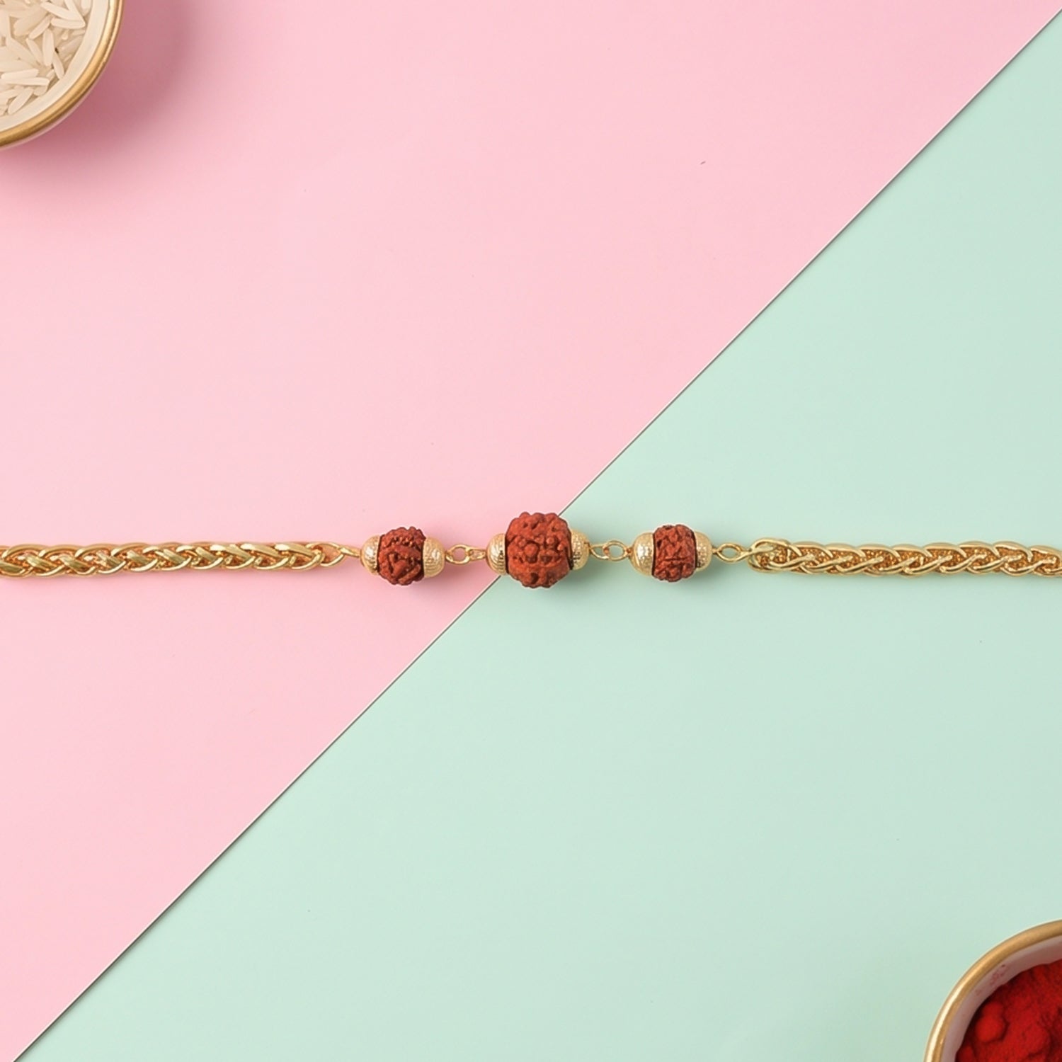 Premium Rudraksha Bead Rakhi, Gold-Plated Chain Rakhi for Brother (1 Pc)