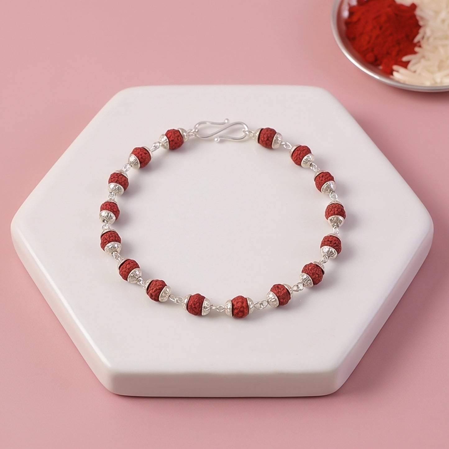 Rudraksha Bead Bracelet Rakhi, Silver-Plated Cap Beads Rakhi for Brother (1 Pc)