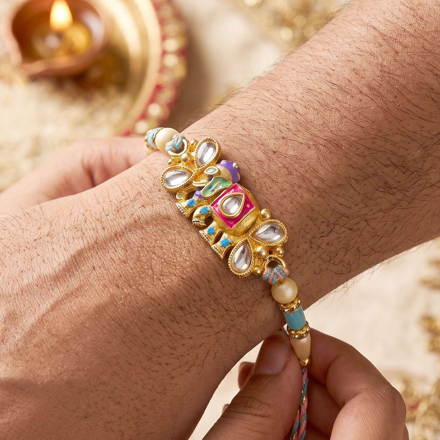 Kundan Elephant Pendant Rakhi with Pastel Beads