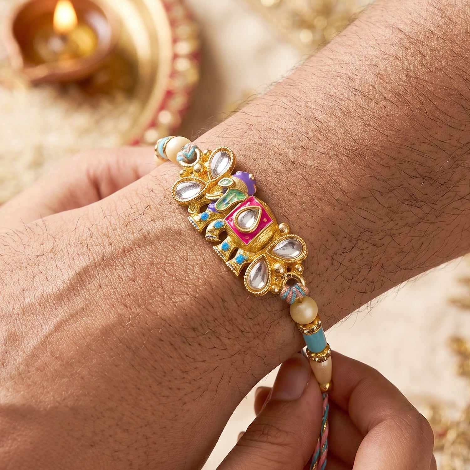 Kundan Elephant Pendant Rakhi with Pastel Beads