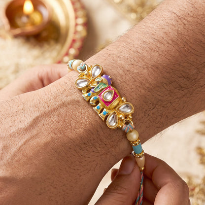 Kundan Elephant Pendant Rakhi with Pastel Beads
