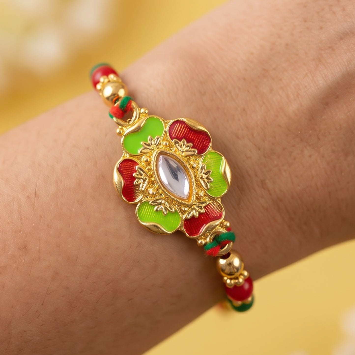 Green and Red Floral Kundan Mirror Pendant Rakhi with Multicolor Beads