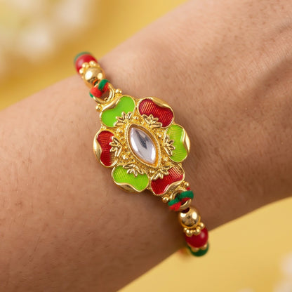 Green and Red Floral Kundan Mirror Pendant Rakhi with Multicolor Beads