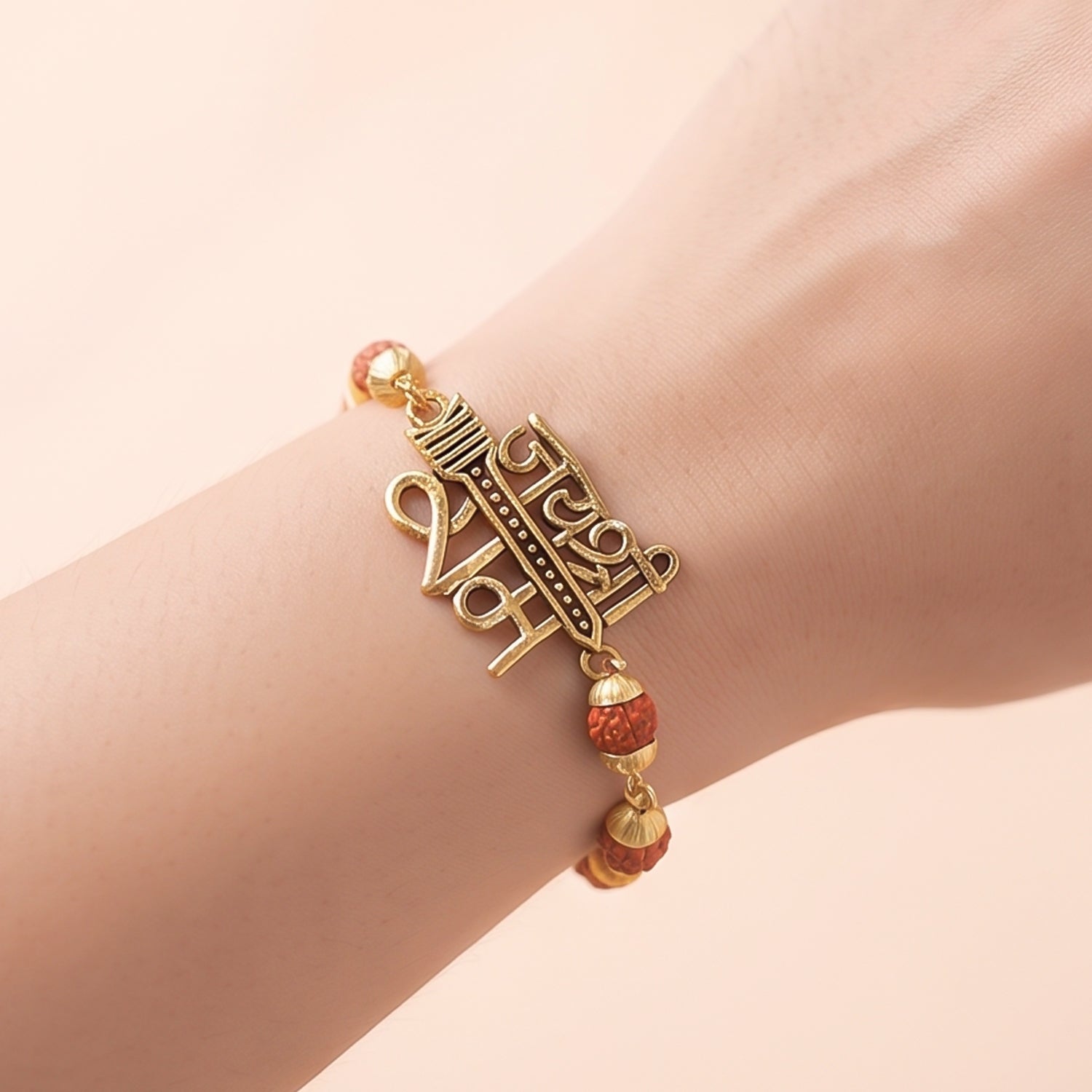Jai Shree Ram Rudraksha Rakhi, Golden Arrow Pendant Beaded Rakhi for Brother (1 Pc)