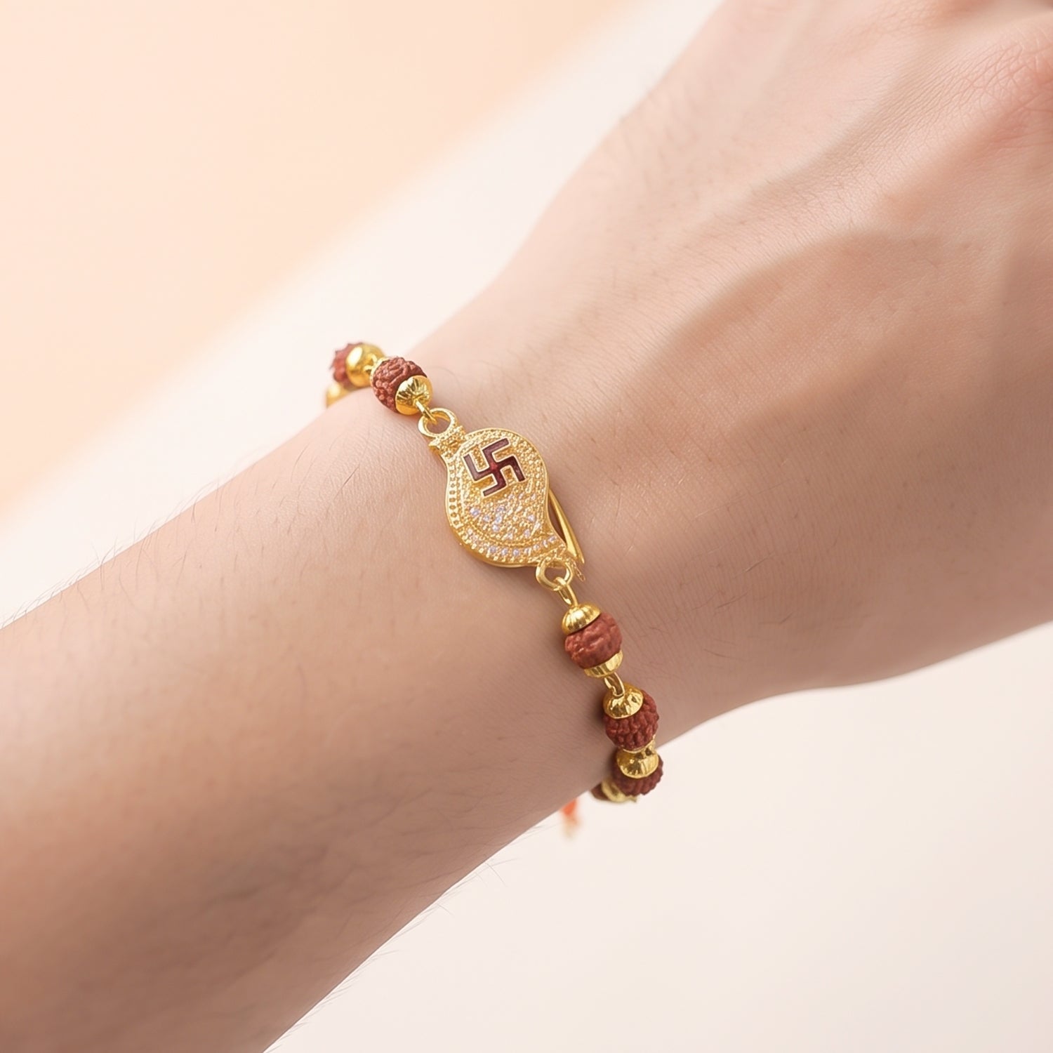 Swastik Rudraksha Bracelet Rakhi, CZ Pendant Beaded Rakhi for Brother (1 Pc)