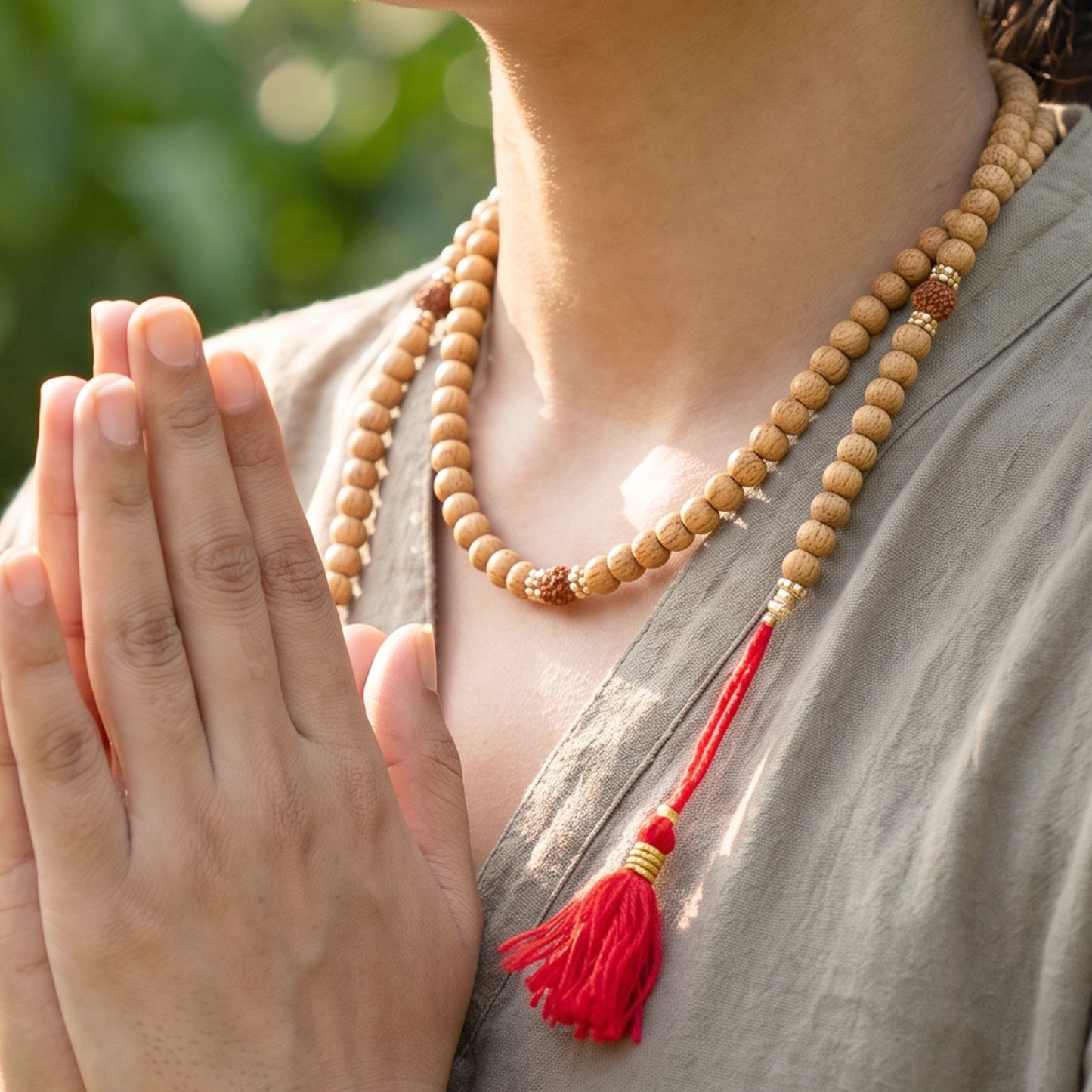 Sandalwood Mala with Rudraksha Beads, Chandan Japa Mala for Puja and Wear (1 Pc)