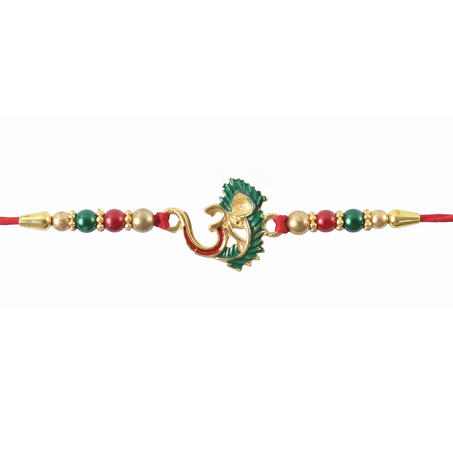 Side view of the Om Rakhi with peacock feather showing its intricate details.