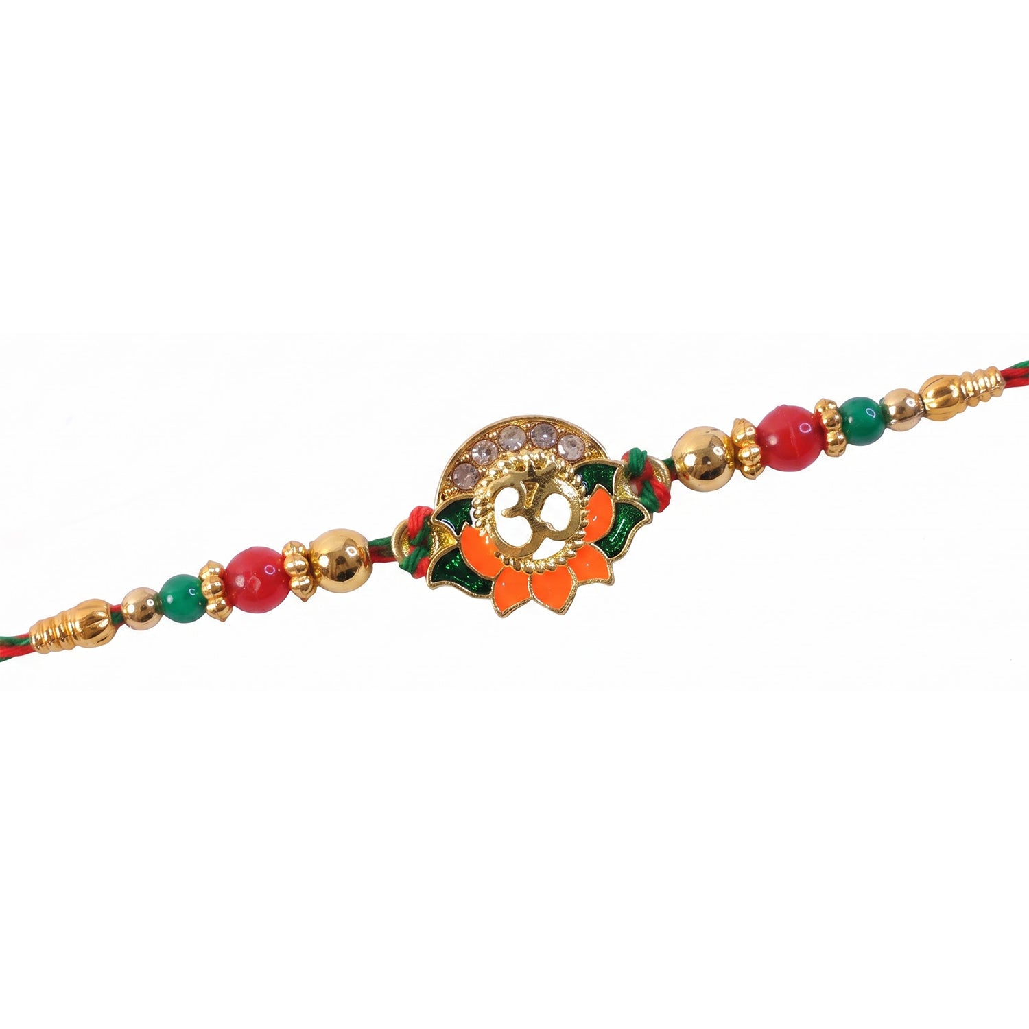 Lotus Om Pendant Rakhi with Orange Petals and Kundan Stones