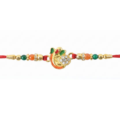 Collection of Om Rakhis featuring the spiritual Om symbol and bright beads.