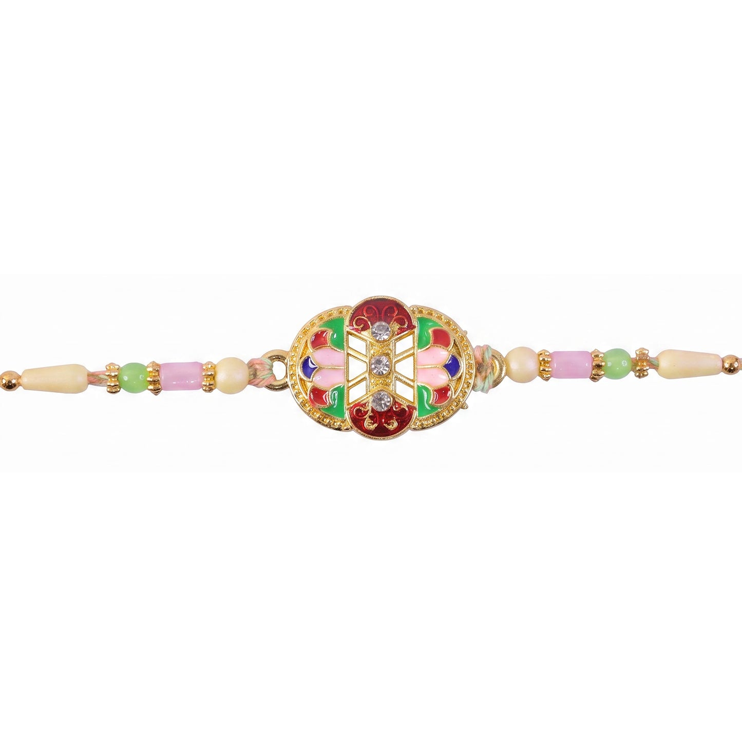 Green and Red Floral Kundan Mirror Pendant Rakhi with Multicolor Beads