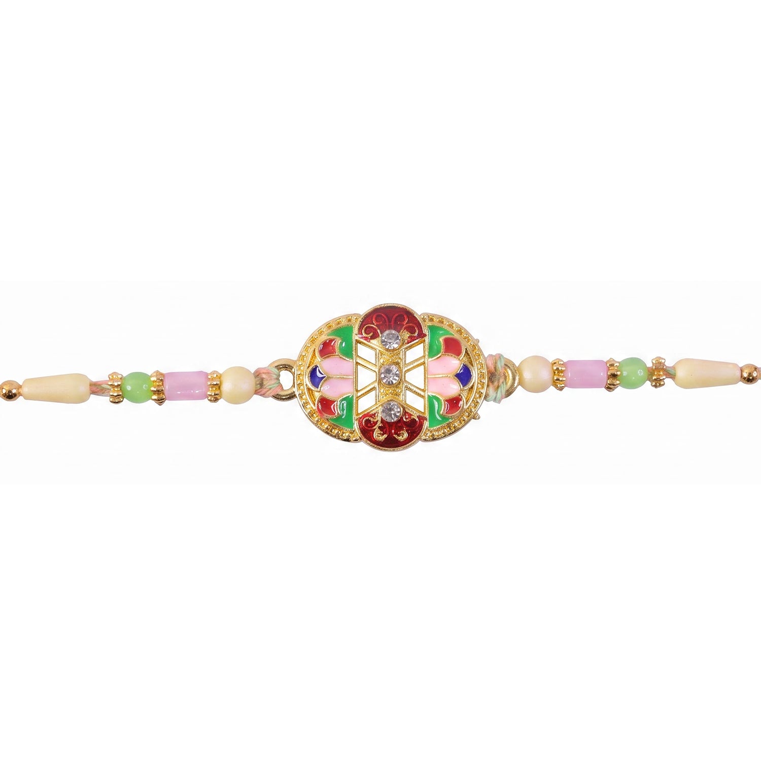 Green and Red Floral Kundan Mirror Pendant Rakhi with Multicolor Beads