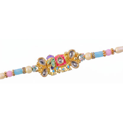 Kundan Elephant Pendant Rakhi with Pastel Beads