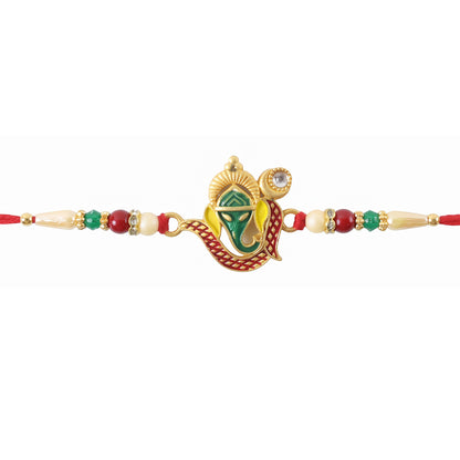 Ganesha Rakhi tied on a brother's wrist during a Raksha Bandhan ceremony.