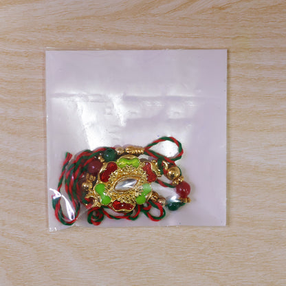 Green and Red Floral Kundan Mirror Pendant Rakhi with Multicolor Beads