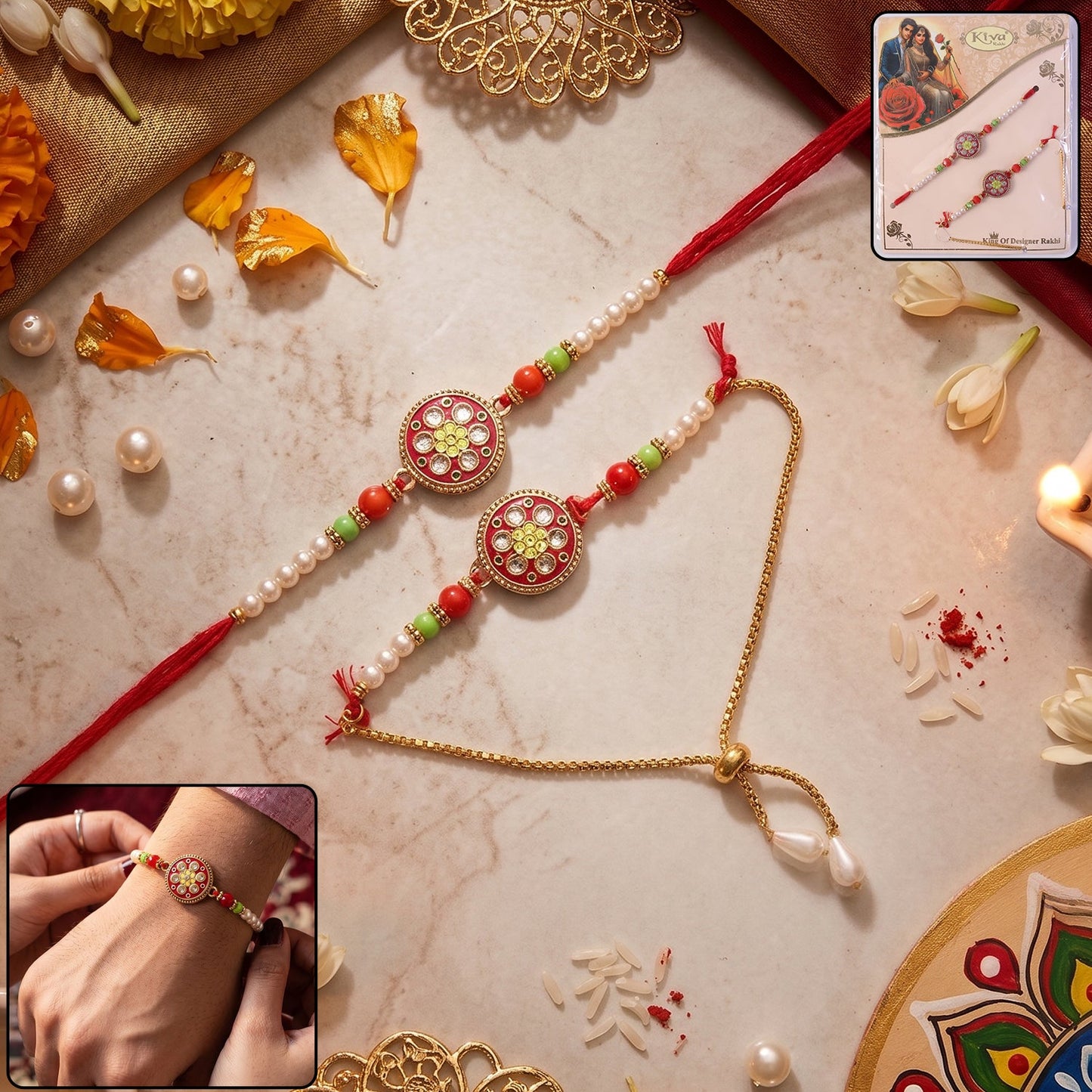 Designer Pearl Rakhi with floral stone centerpiece