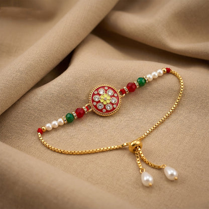 Floral pearl Rakhi displayed on festive background