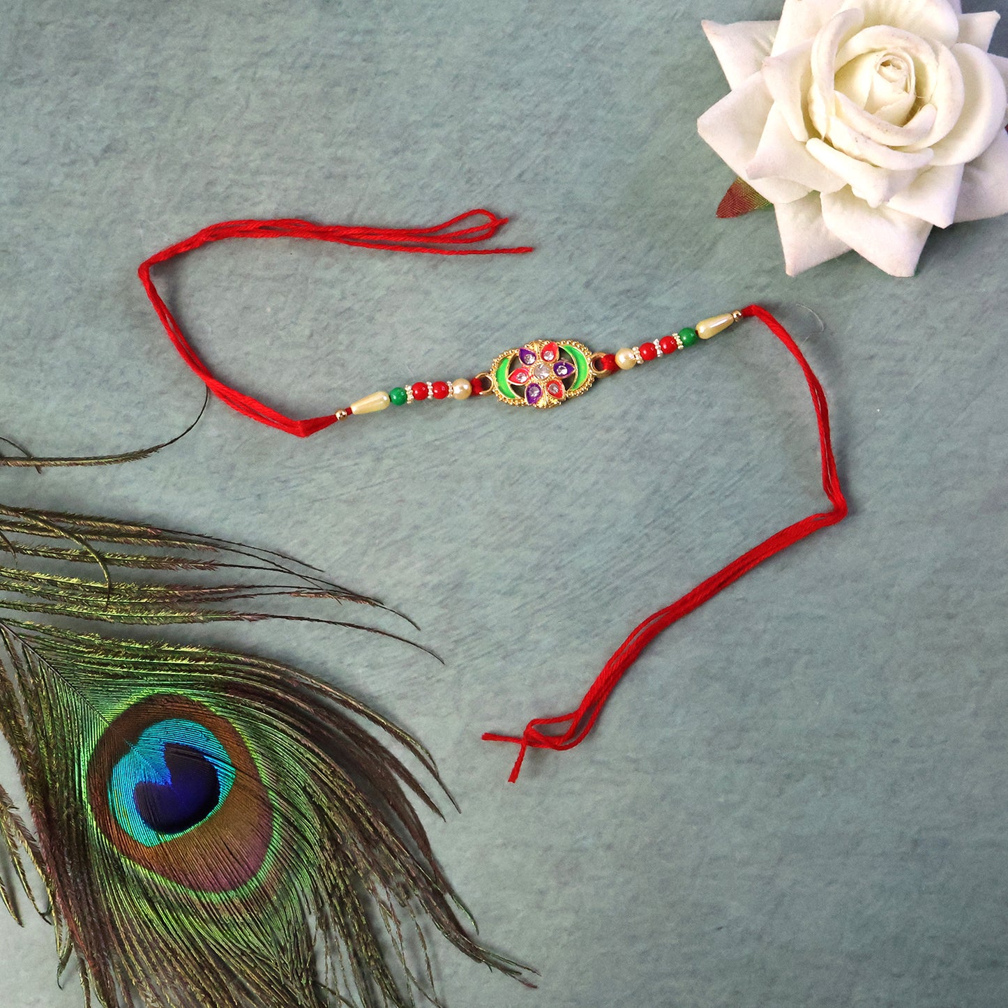 Detailed view of multicolor stone rakhi