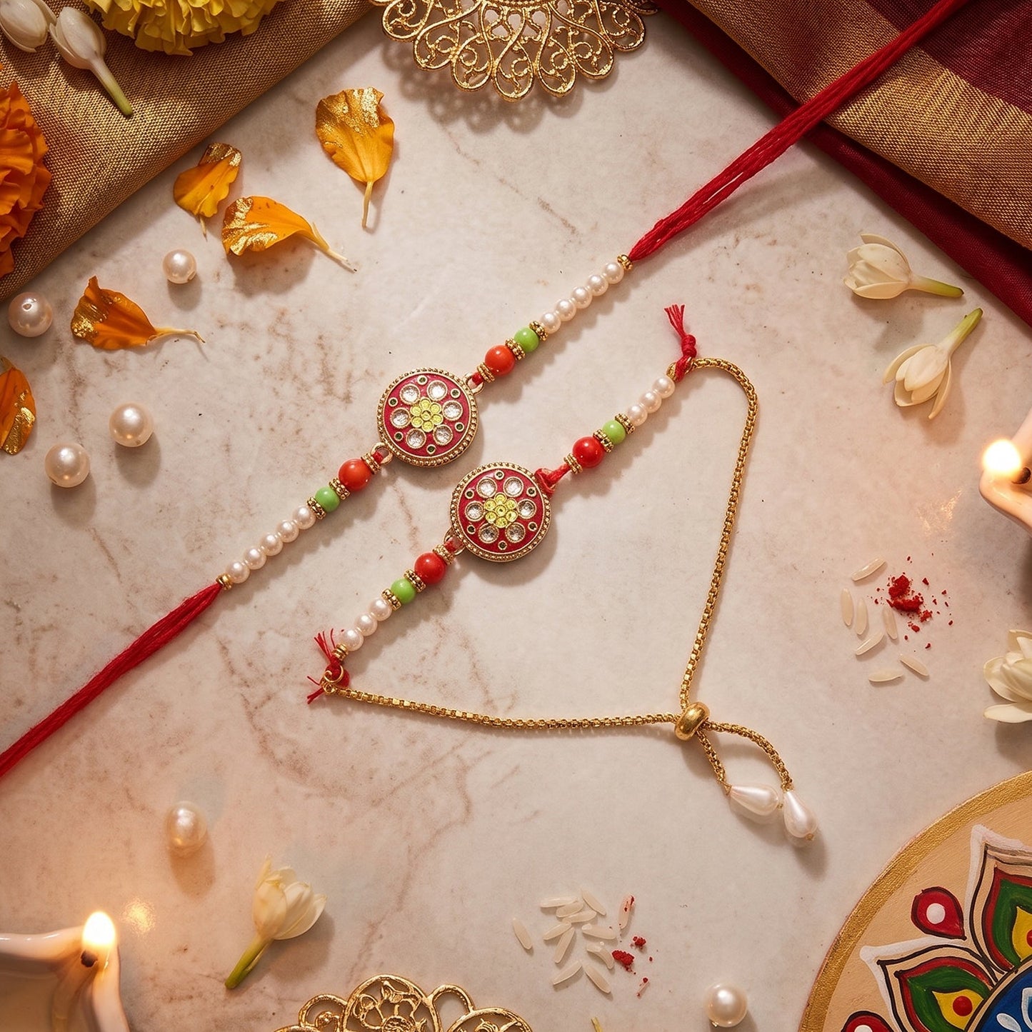 Close-up of floral stone work on designer Rakhi