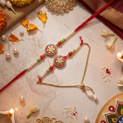 Close-up of floral stone work on designer Rakhi