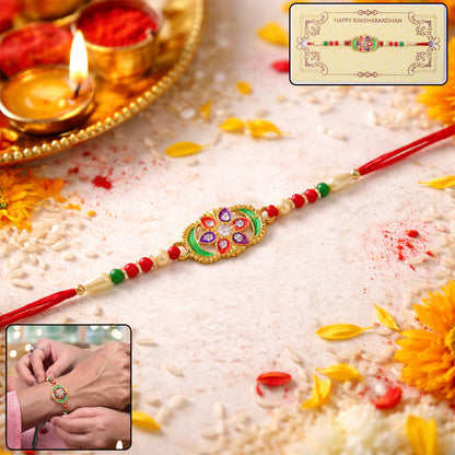 Multicolor stone designer rakhi close-up