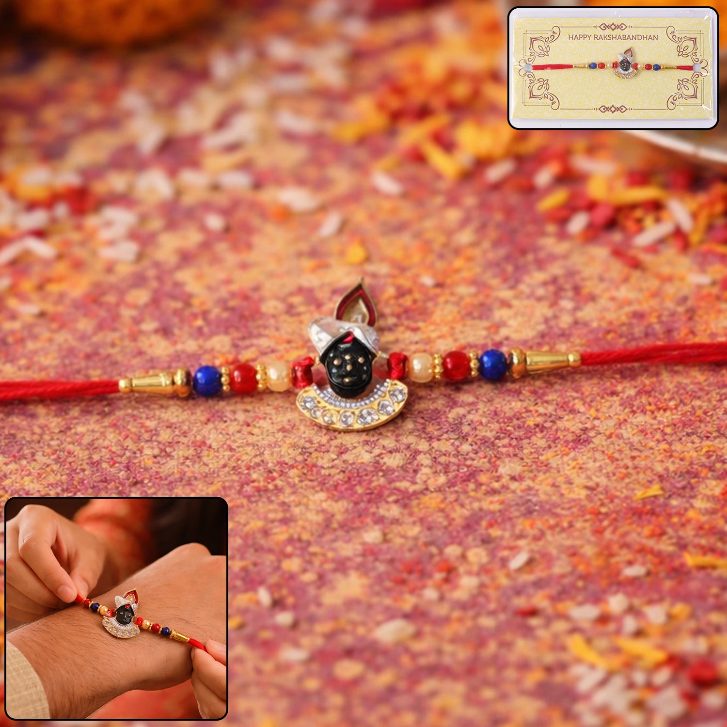 Krishna motif Rakhi close-up view