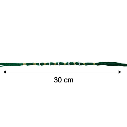 Size view of traditional green beaded rakhi