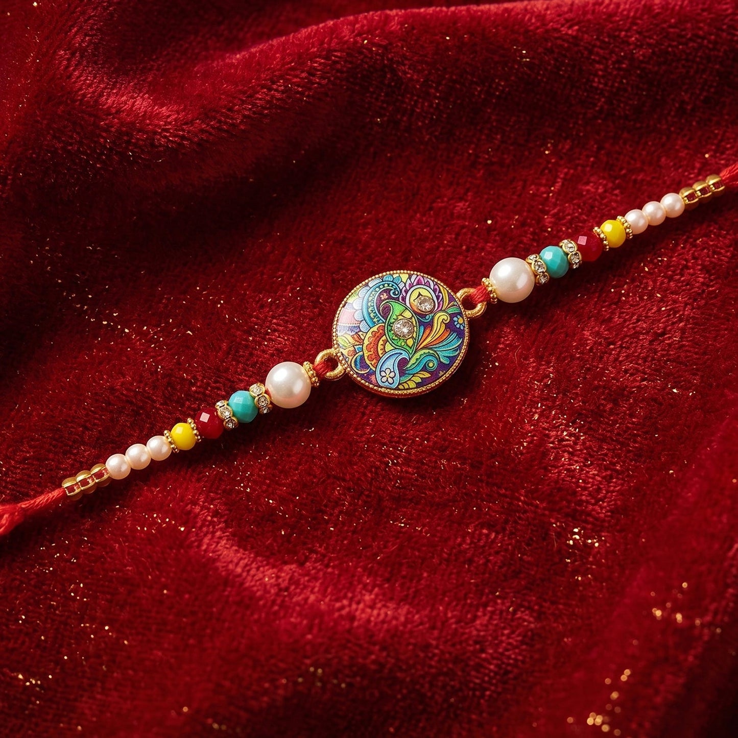 Front view of multicolor paisley Rakhi design