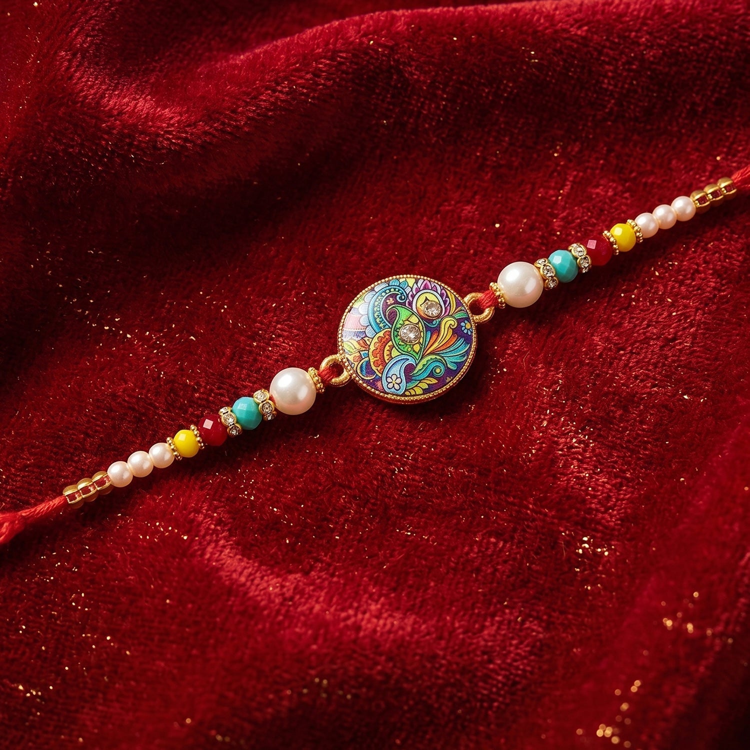 Front view of multicolor paisley Rakhi design