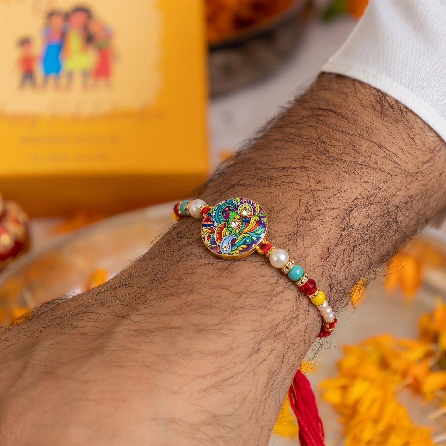 Side view of Multicolor Paisley Designer Rakhi