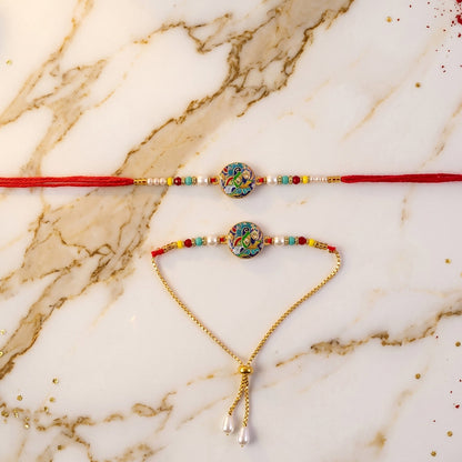 Decorative pearl beads on Rakhi thread