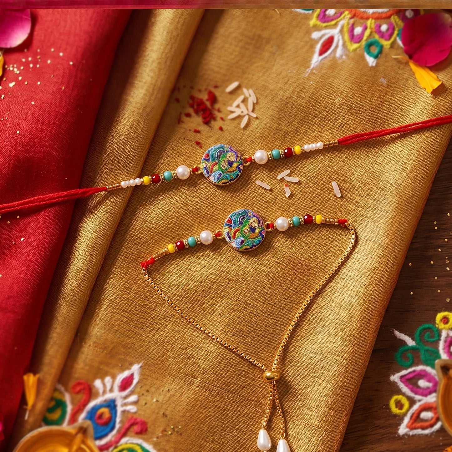 Close-up of paisley design on Rakhi with pearl beads